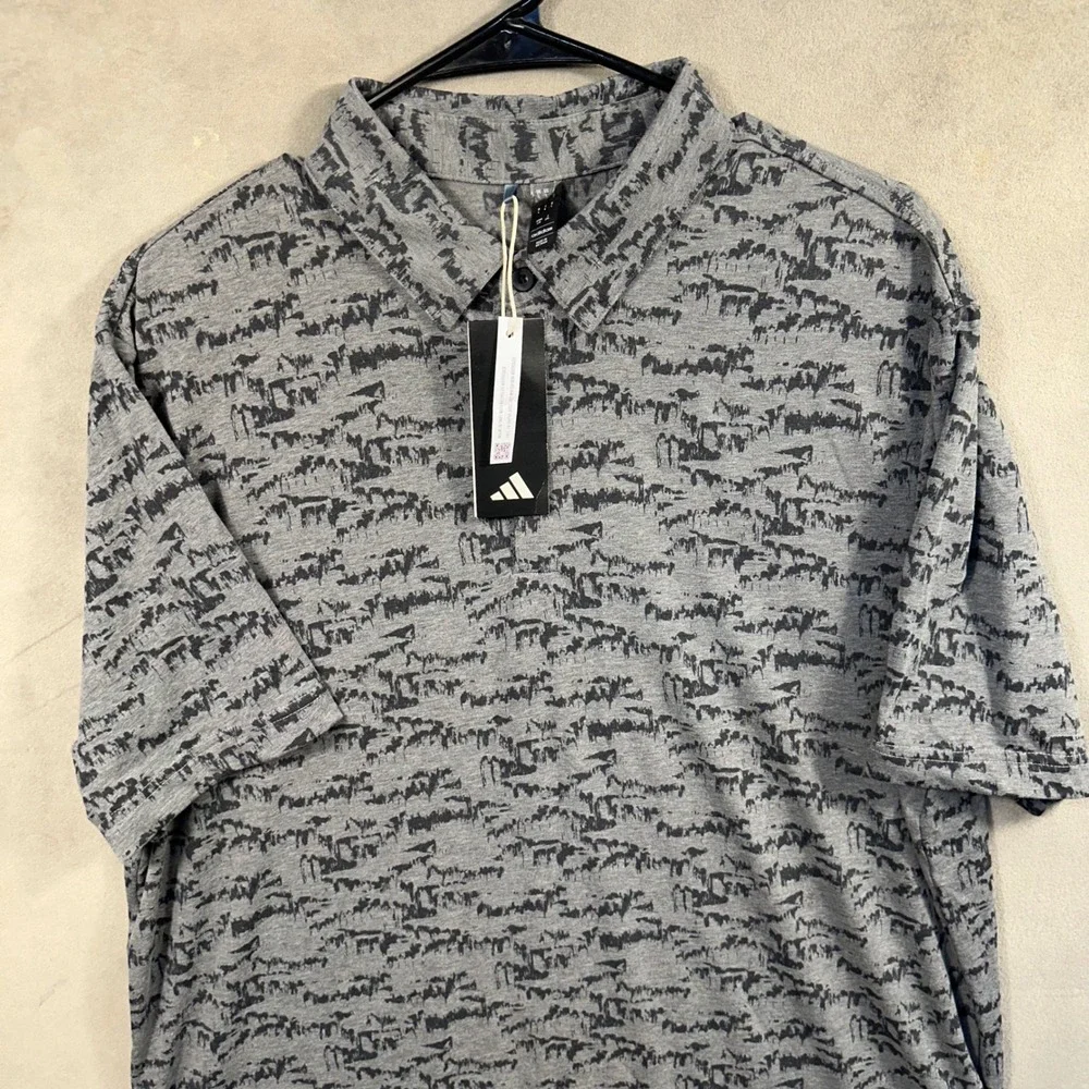 Adidas Polo Shirt Mens L Grey Black Go-To Printed Abstract Golf New MSRP 80